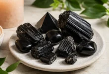 Black crystals on a serene stone tray