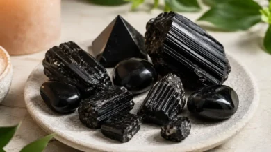Black crystals on a serene stone tray