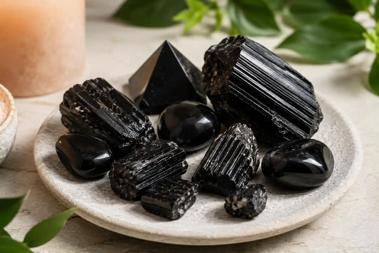 Black crystals on a serene stone tray