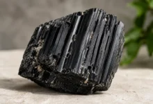 Black tourmaline on textured stone slab