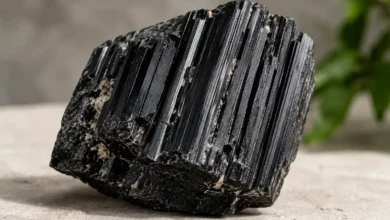 Black tourmaline on textured stone slab