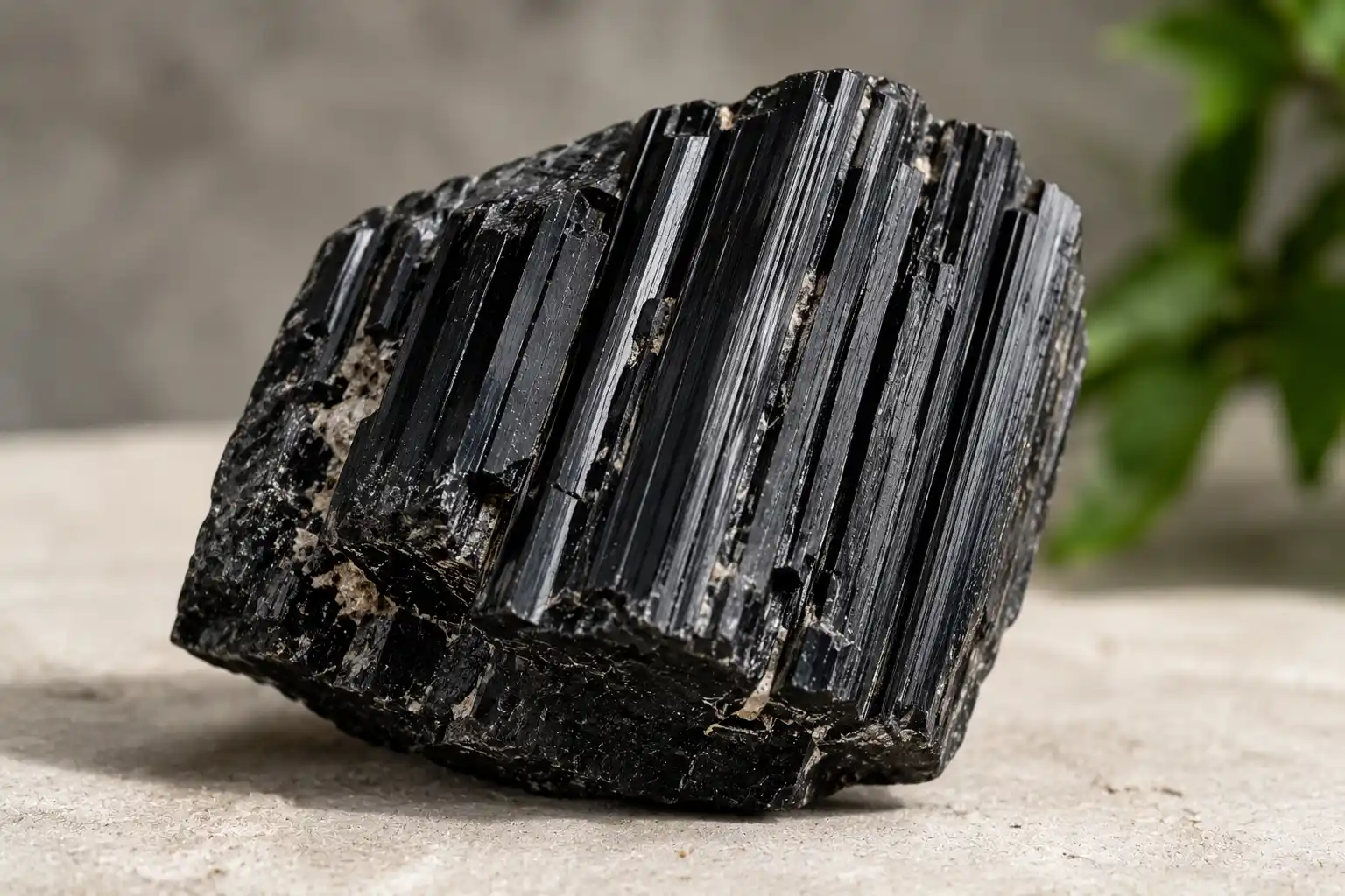 Black tourmaline on textured stone slab