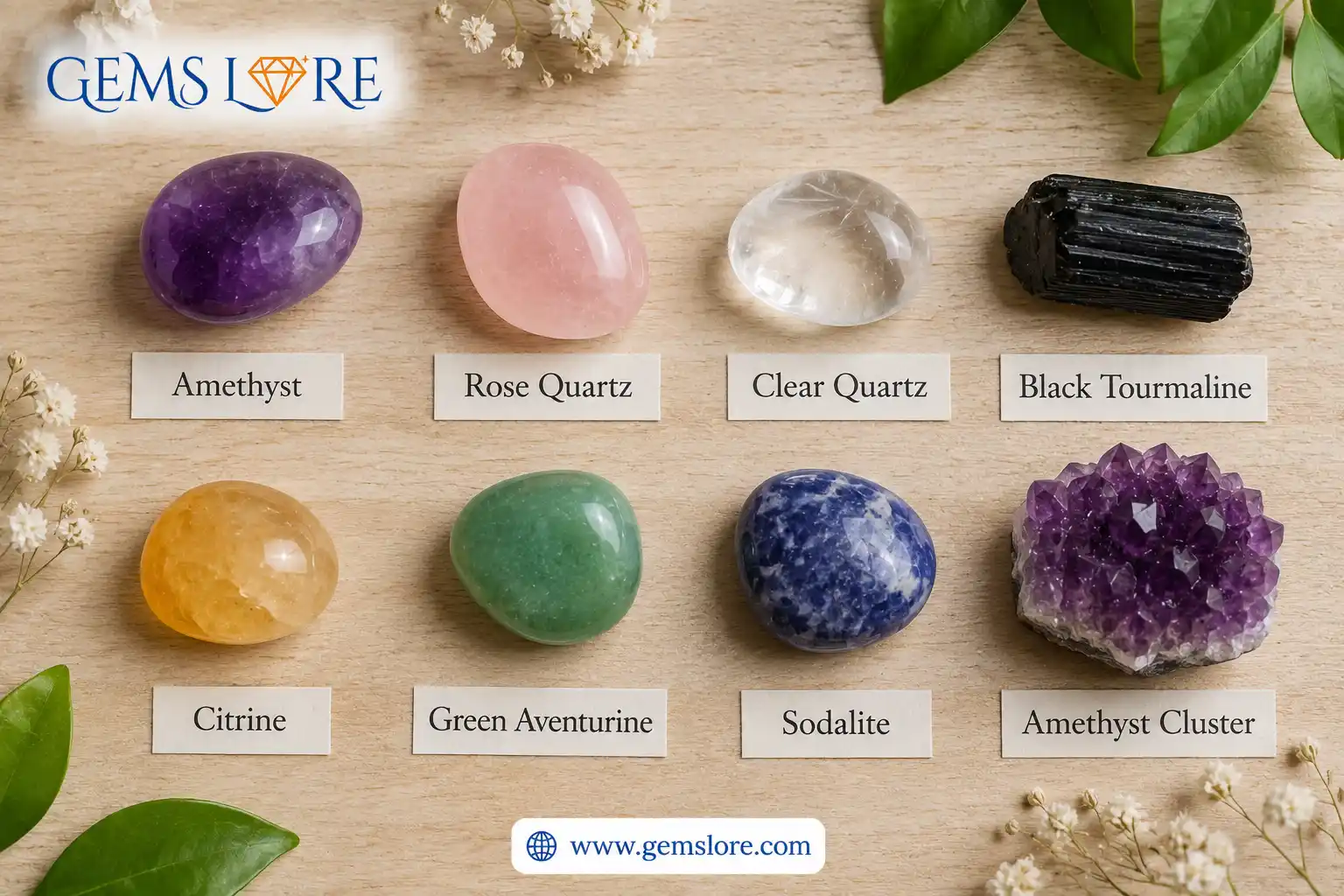 labeled beginner healing crystals arranged on a wooden surface