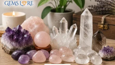 a beginner's collection of healing crystals including amethyst, rose quartz and clear quartz.