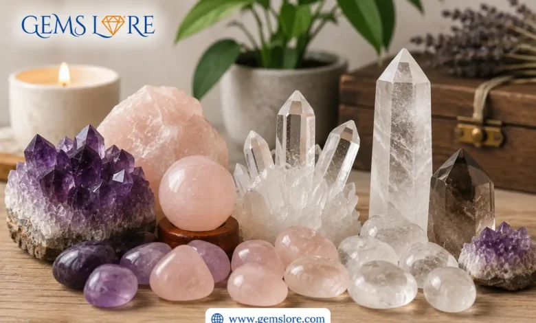 a beginner's collection of healing crystals including amethyst, rose quartz and clear quartz.
