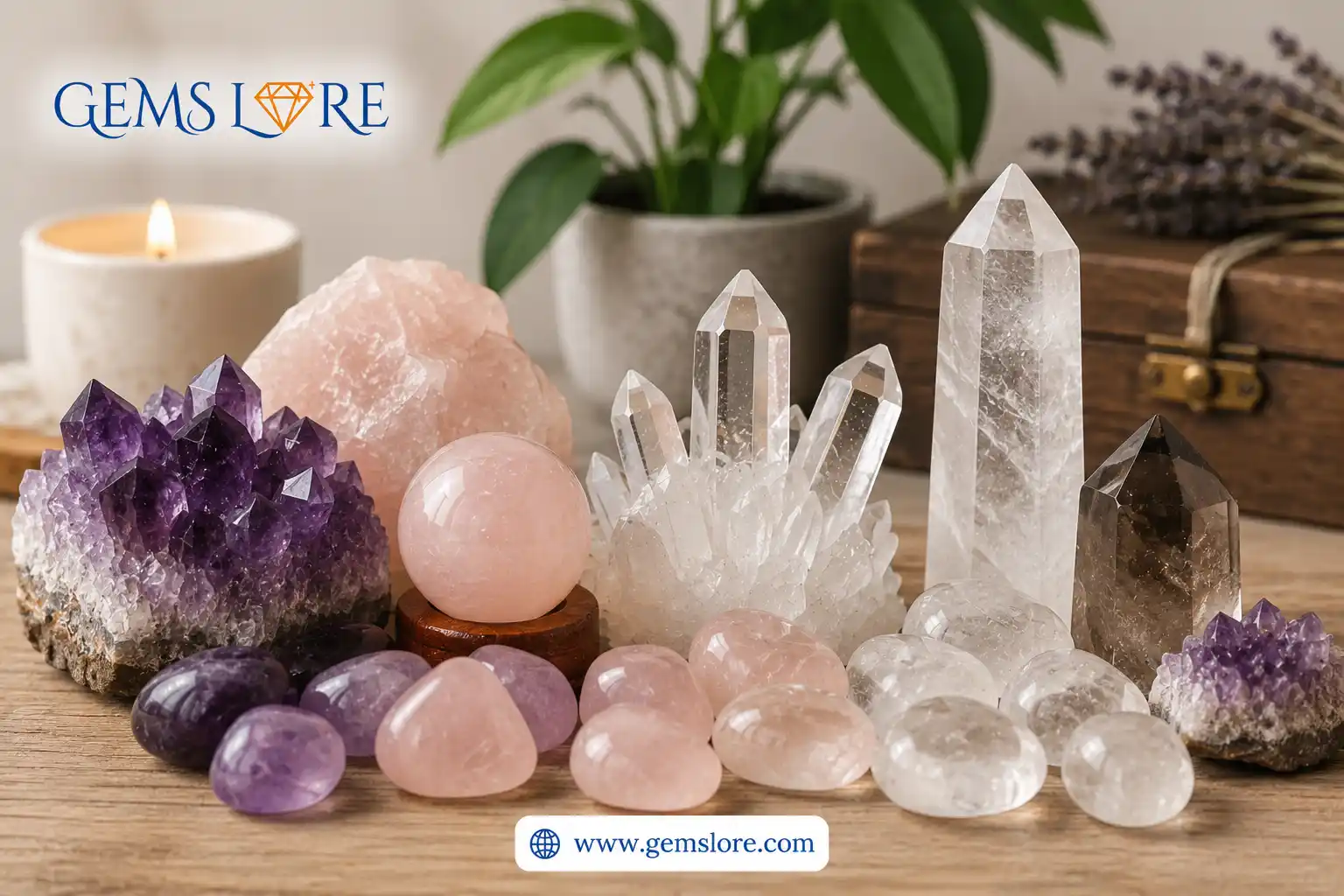 a beginner's collection of healing crystals including amethyst, rose quartz and clear quartz.