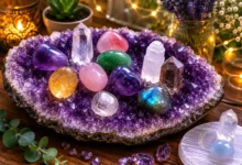 healing crystals charging overnight under the full moon