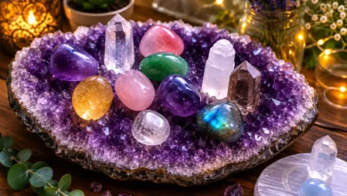 healing crystals charging overnight under the full moon