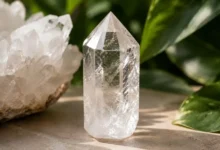 a clear quartz crystal point catching the light