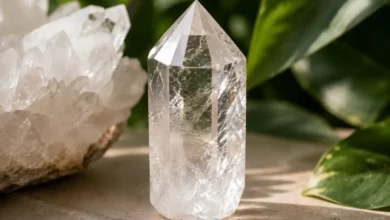 a clear quartz crystal point catching the light