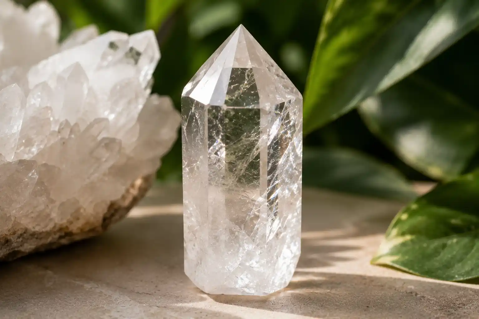 a clear quartz crystal point catching the light