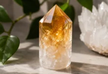 Golden citrine crystal with plant backdrop