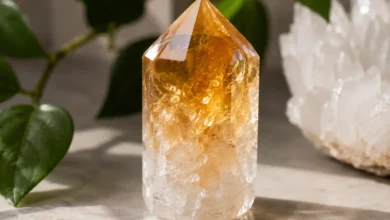 Golden citrine crystal with plant backdrop