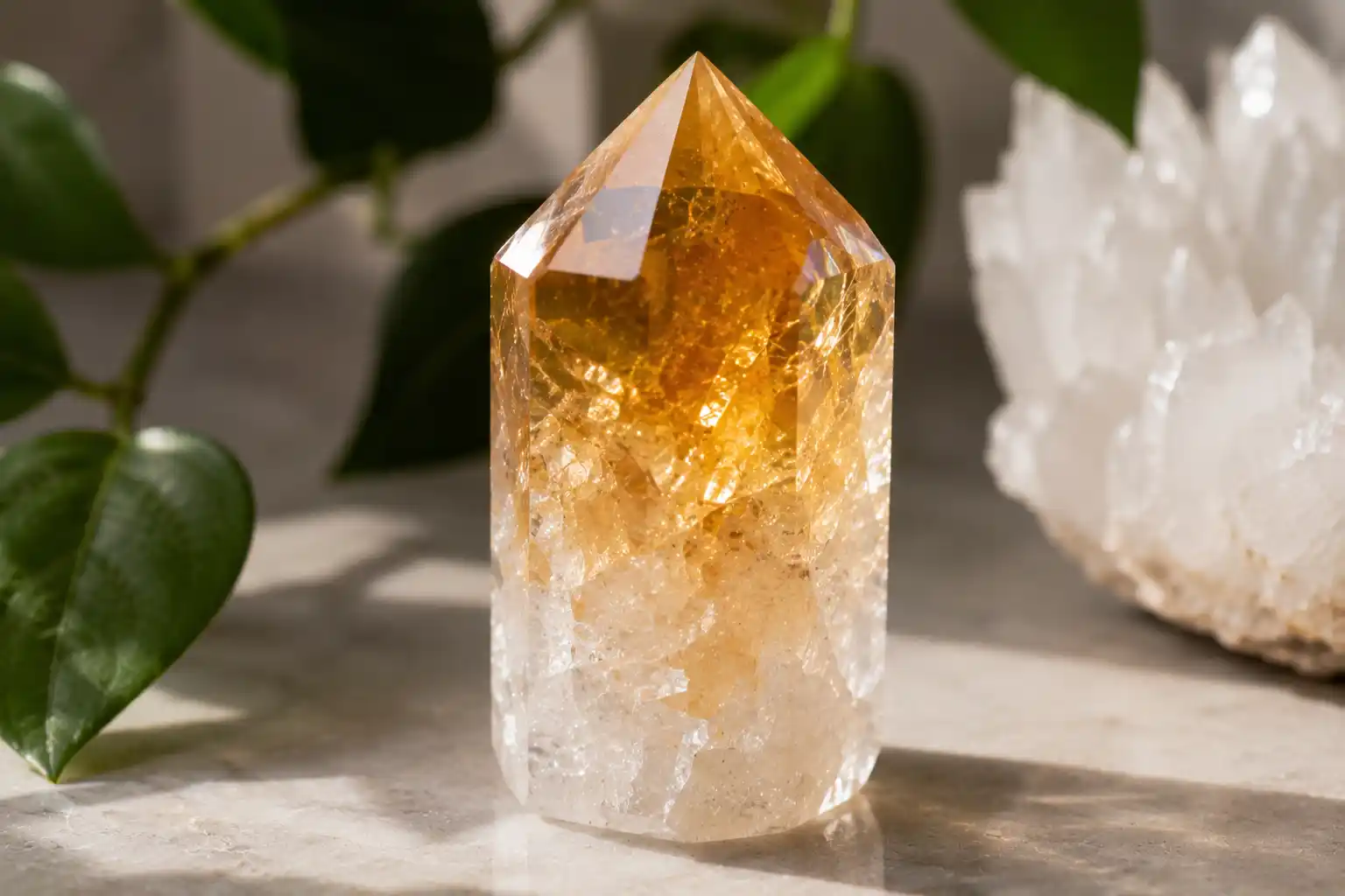 Golden citrine crystal with plant backdrop