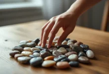 choosing a crystal from an assortment of tumbled stones