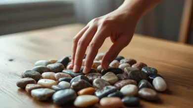 choosing a crystal from an assortment of tumbled stones