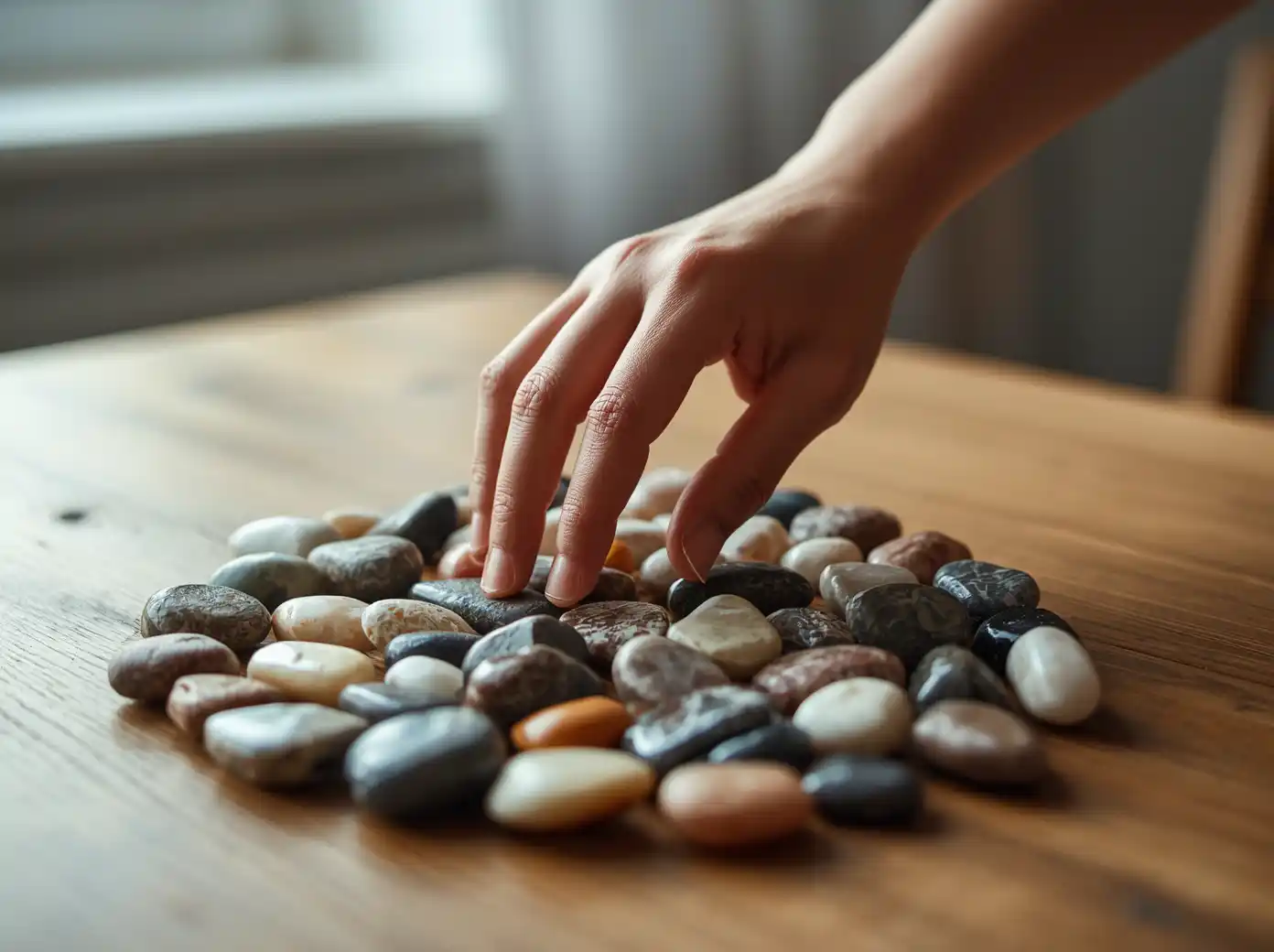 choosing a crystal from an assortment of tumbled stones