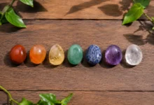 seven chakra crystals arranged in rainbow order from root to crown