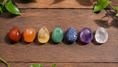 seven chakra crystals arranged in rainbow order from root to crown