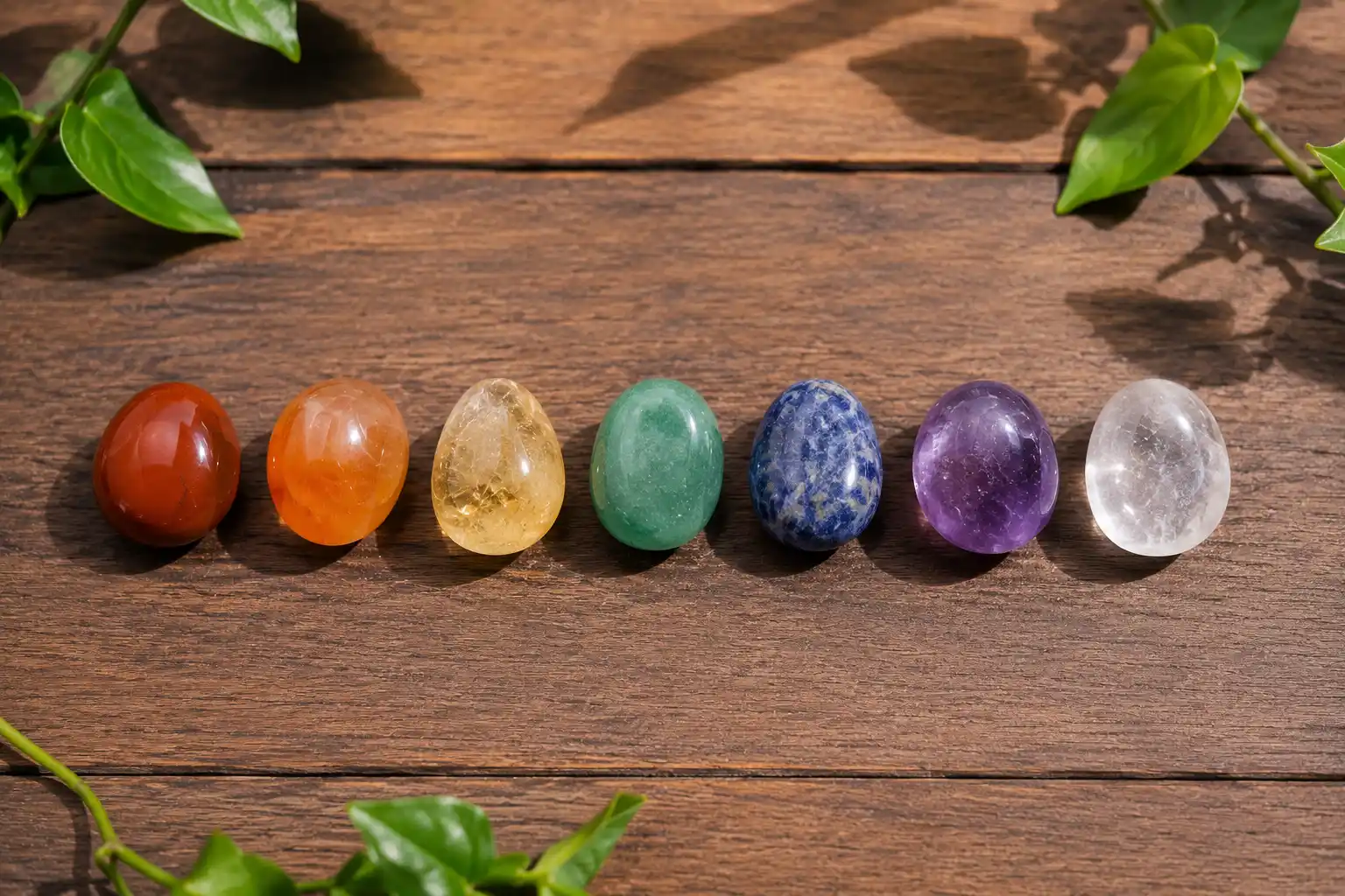 seven chakra crystals arranged in rainbow order from root to crown