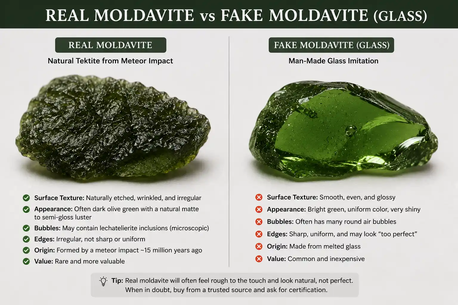 real etched moldavite beside a smooth bright-green glass fake