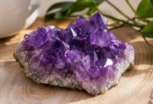 a cluster of purple amethyst crystals