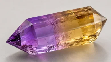 a bicolor ametrine crystal showing purple and golden zones