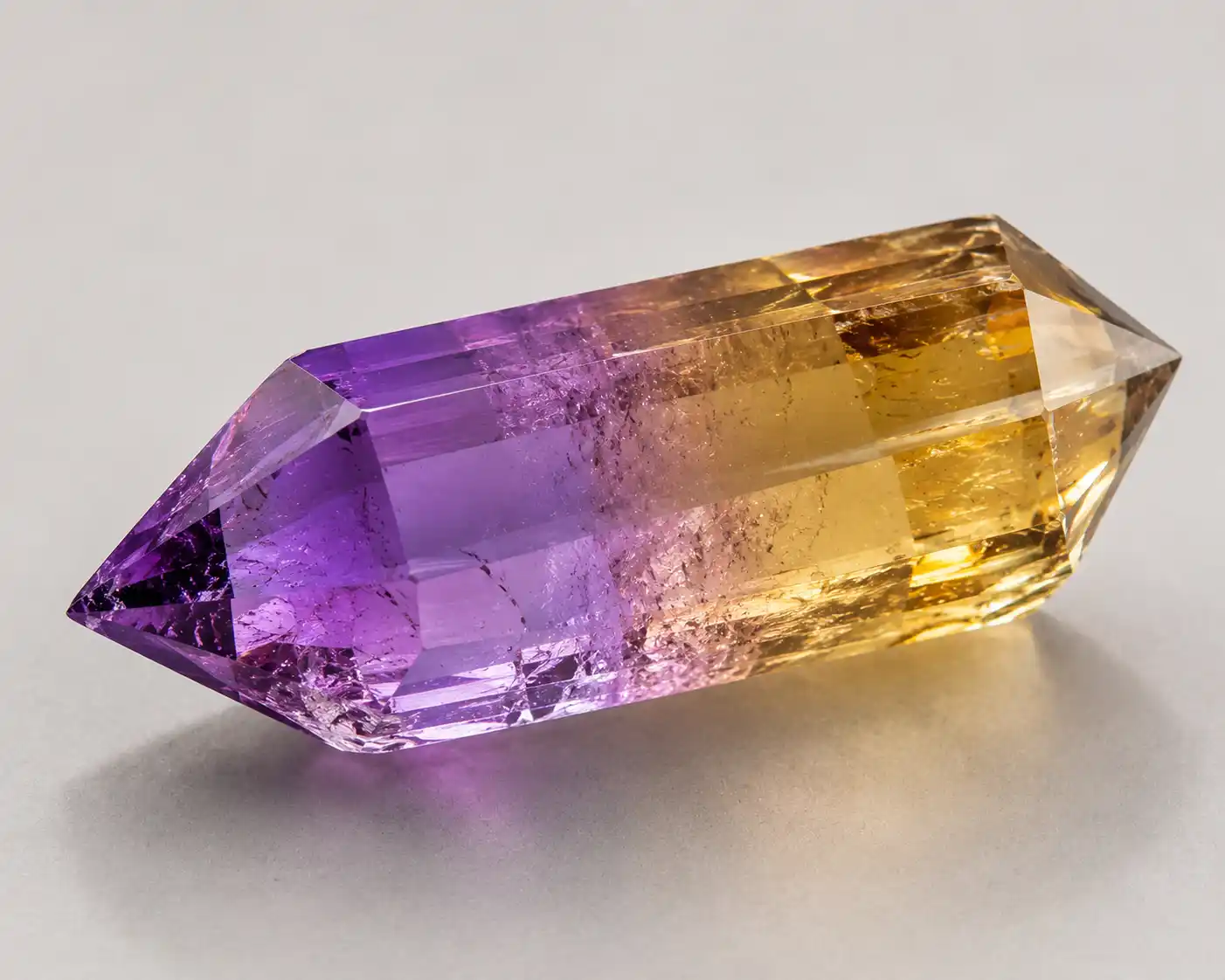 a bicolor ametrine crystal showing purple and golden zones