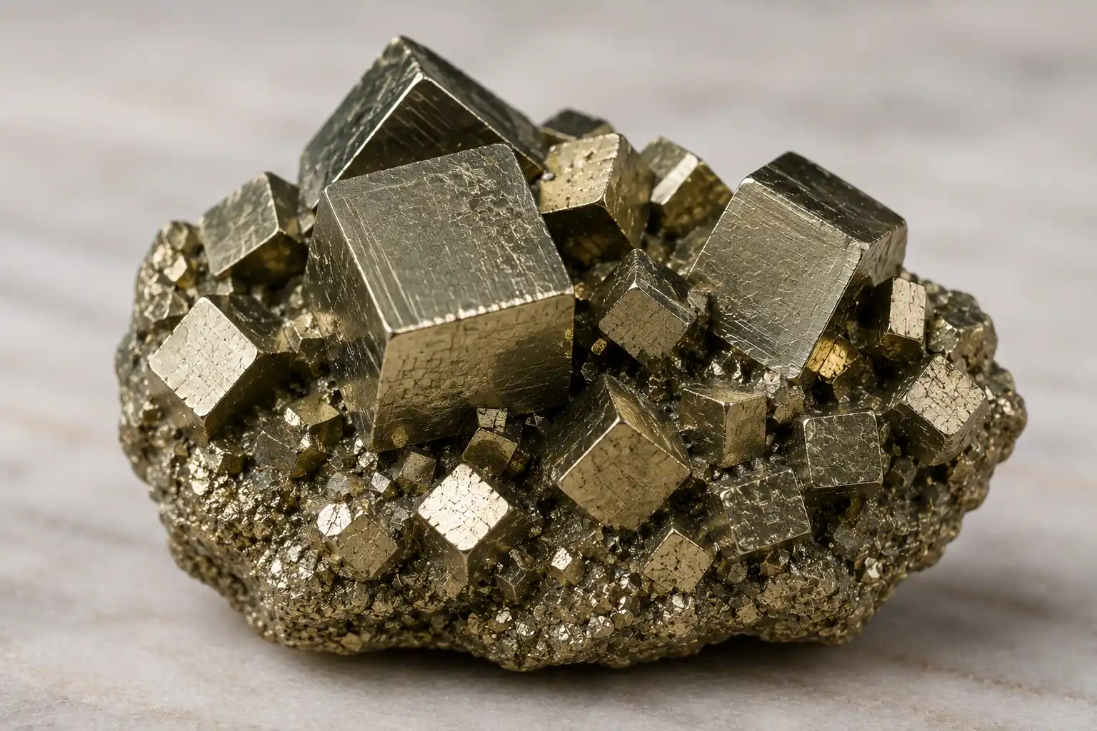 a brassy gold pyrite crystal with cubic forms