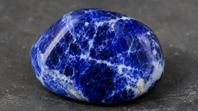 a deep blue stone with white calcite veins