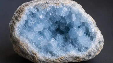 a geode lined with pale sky-blue celestite crystals