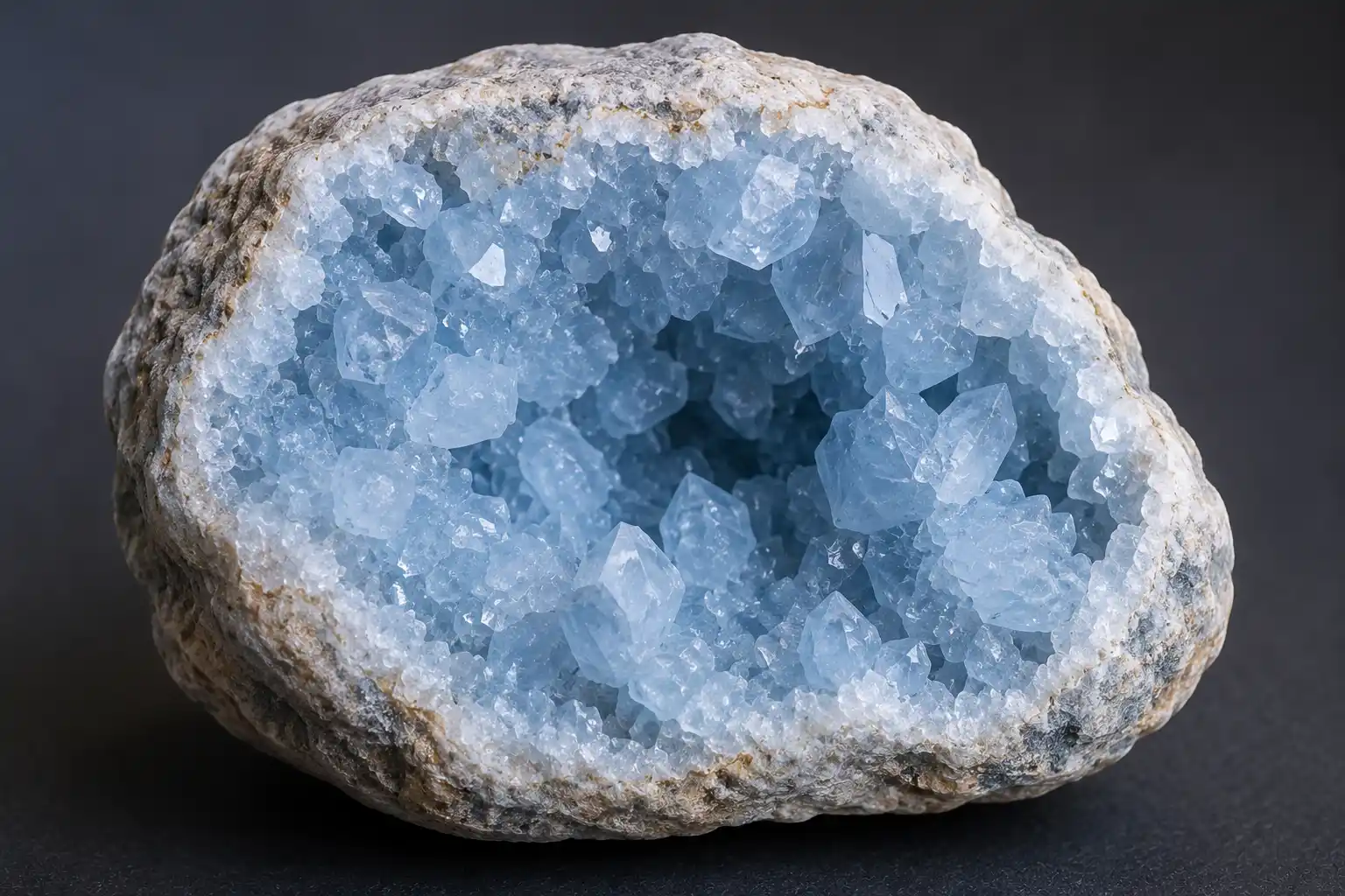 a geode lined with pale sky-blue celestite crystals
