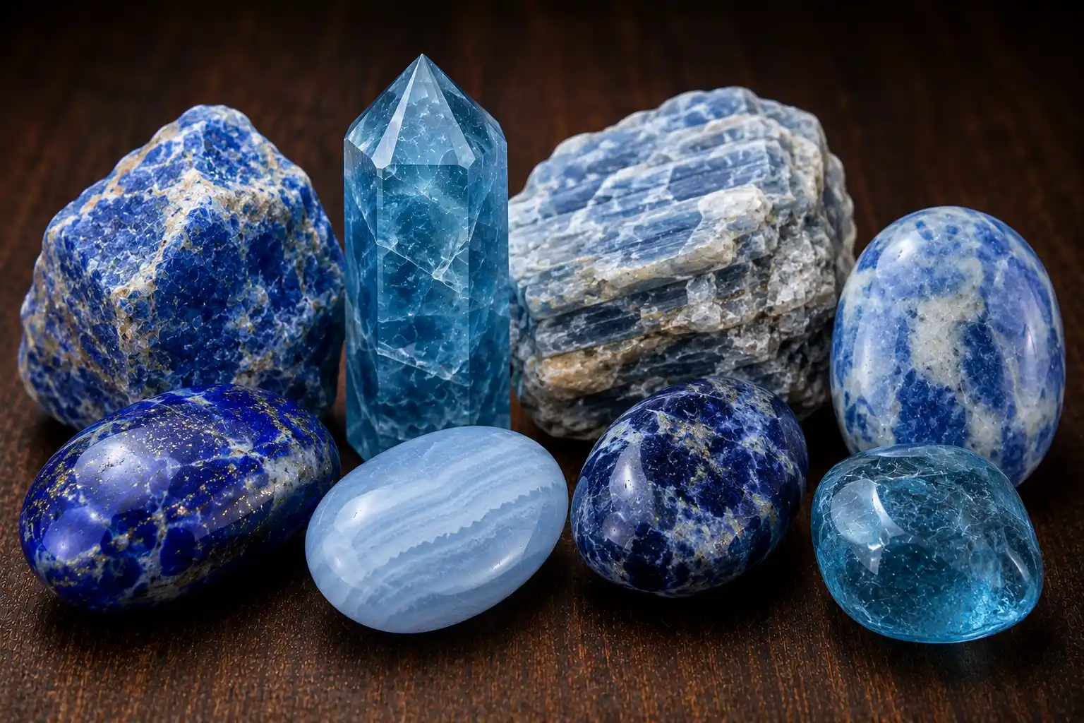 a group of blue throat chakra crystals