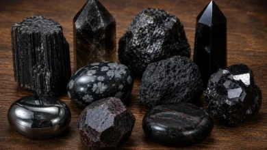 a group of dark grounding crystals on a wooden surface