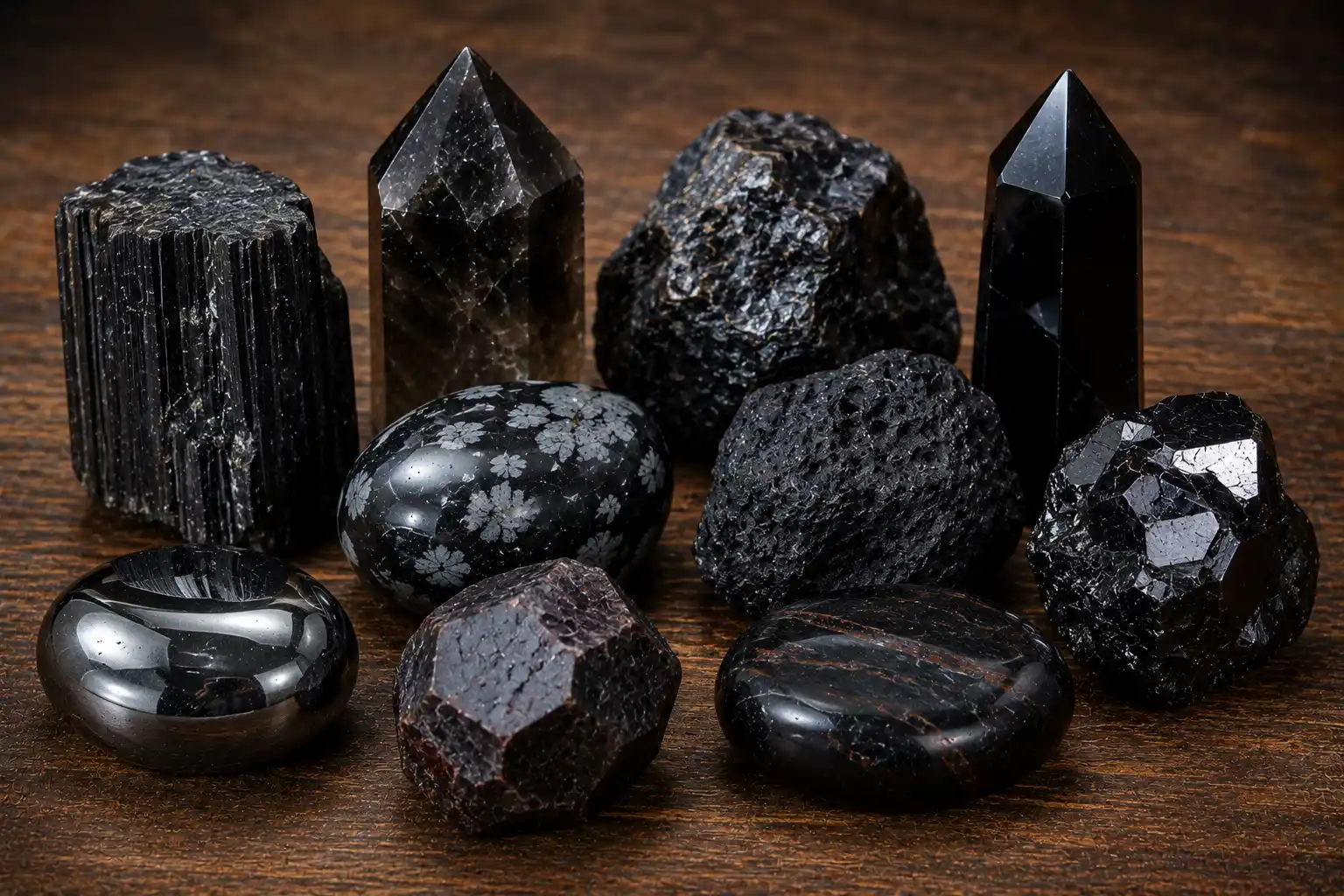 a group of dark grounding crystals on a wooden surface
