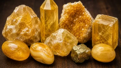 a group of golden-yellow solar plexus chakra crystals