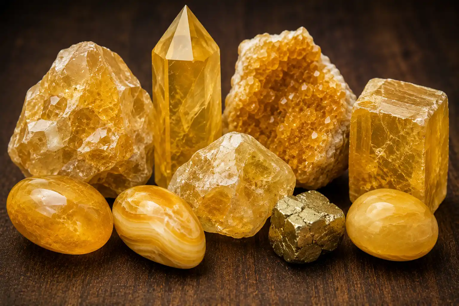 a group of golden-yellow solar plexus chakra crystals