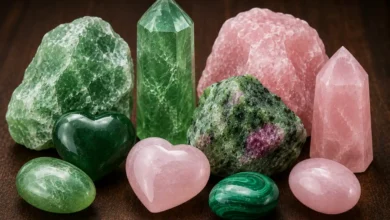 a group of green and pink heart chakra crystals