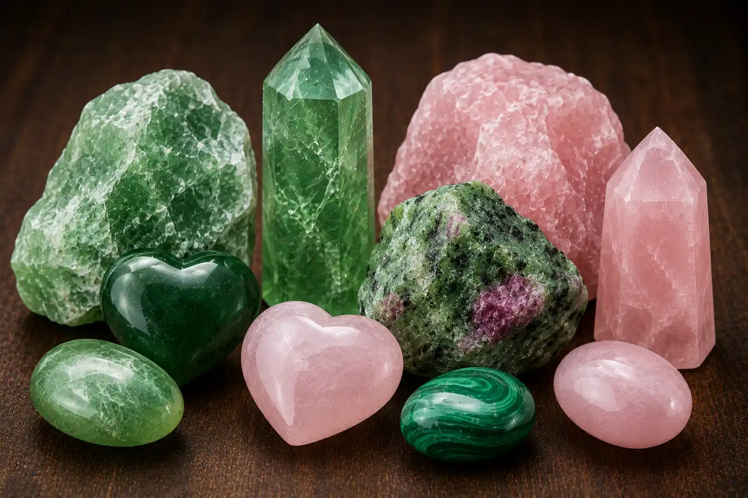 a group of green and pink heart chakra crystals