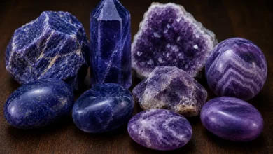 a group of indigo and purple third eye chakra crystals