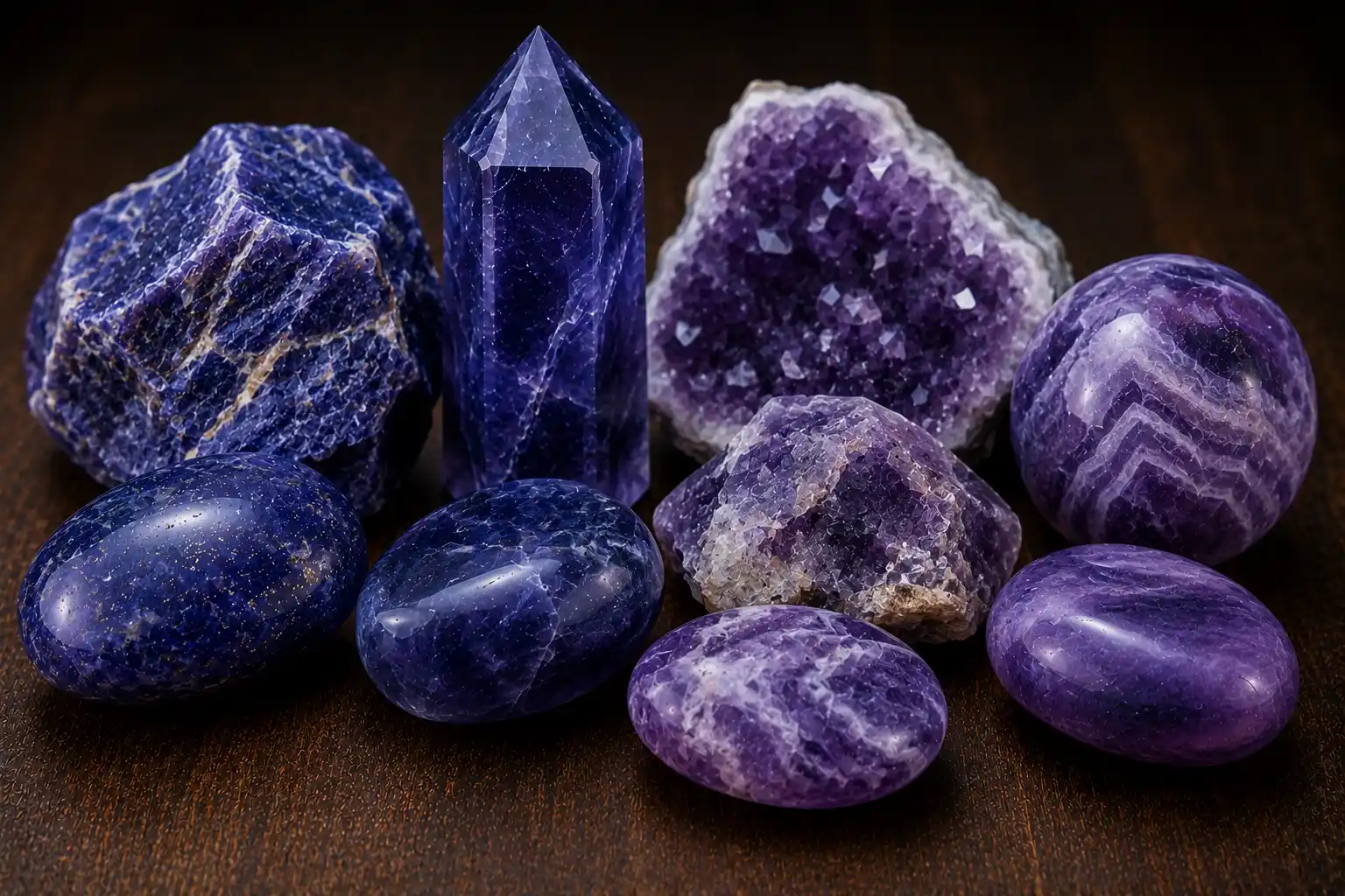 a group of indigo and purple third eye chakra crystals