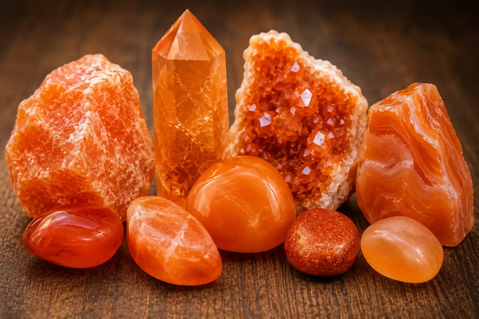 a group of orange sacral chakra crystals