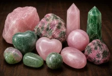 a group of pink and green self-love crystals