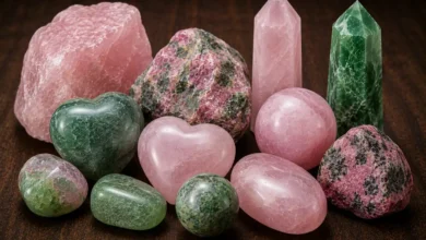 a group of pink and green self-love crystals