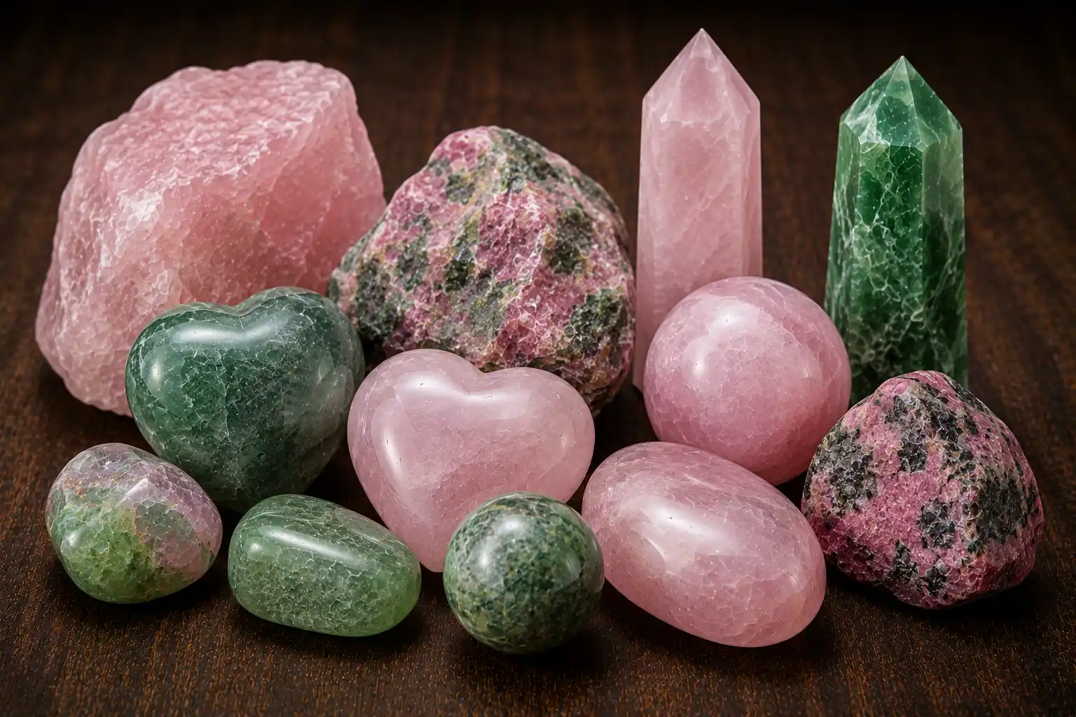 a group of pink and green self-love crystals