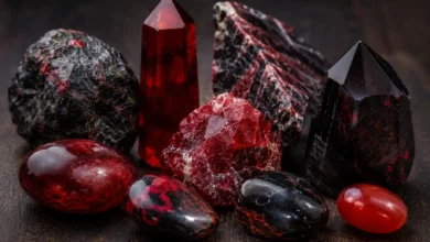 a group of red and black root chakra crystals