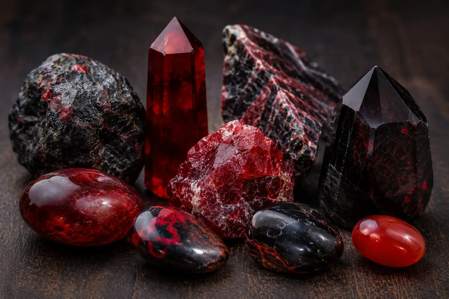 a group of red and black root chakra crystals