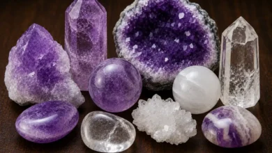 a group of violet, white, and clear crown chakra crystals