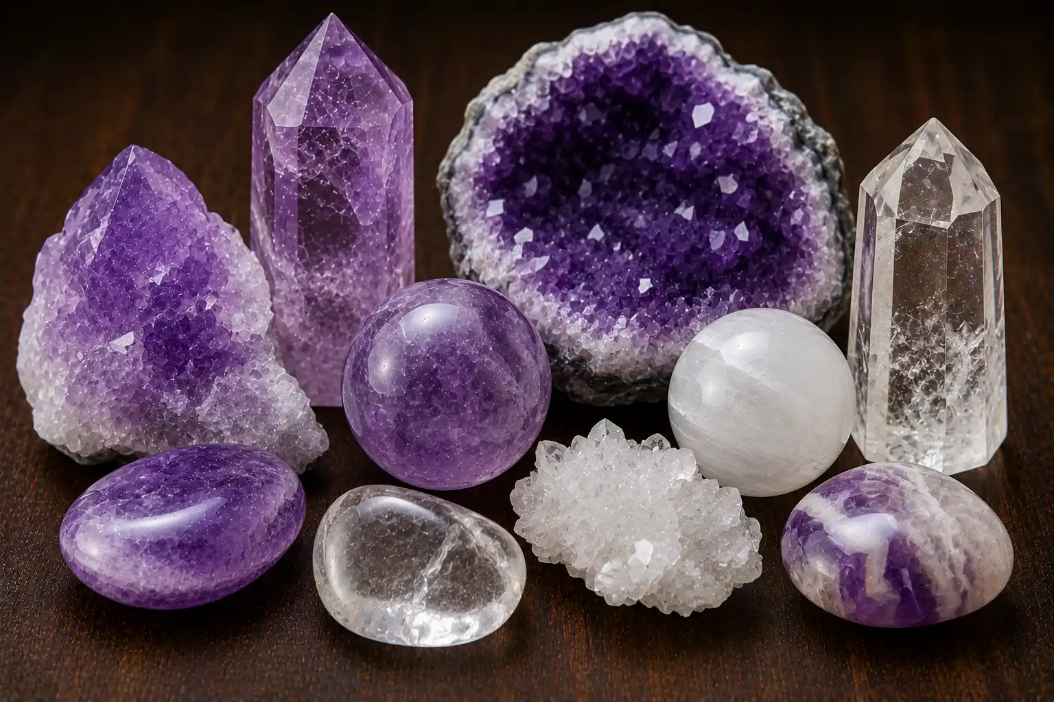 a group of violet, white, and clear crown chakra crystals