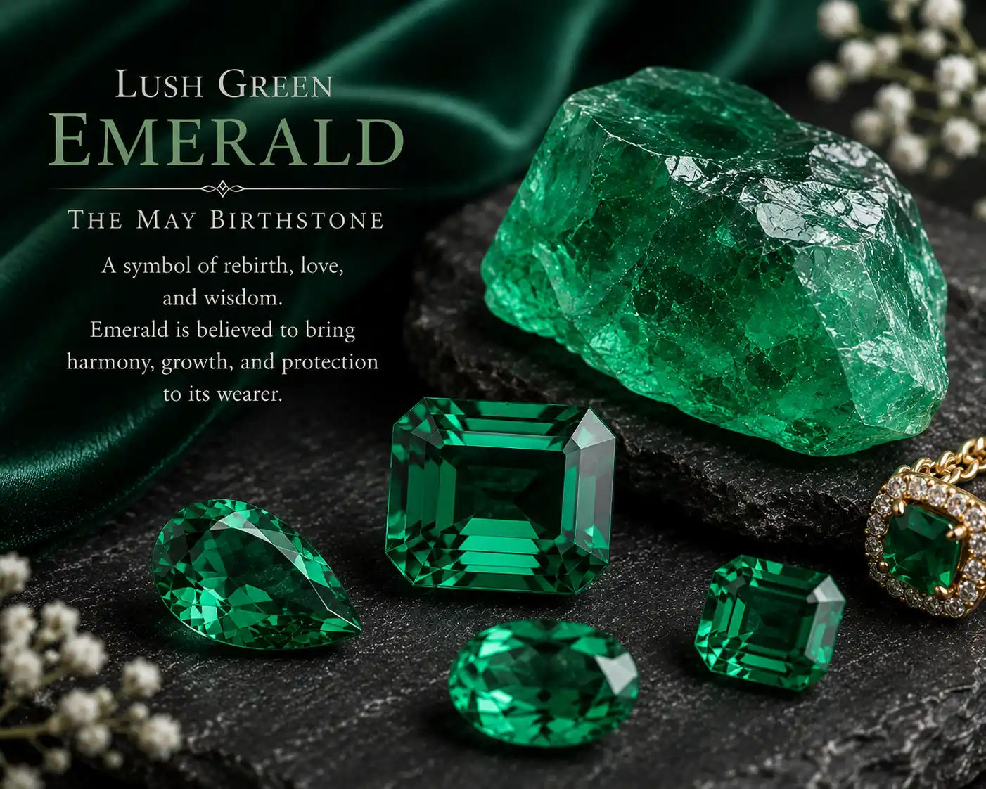 a lush green emerald, the May birthstone